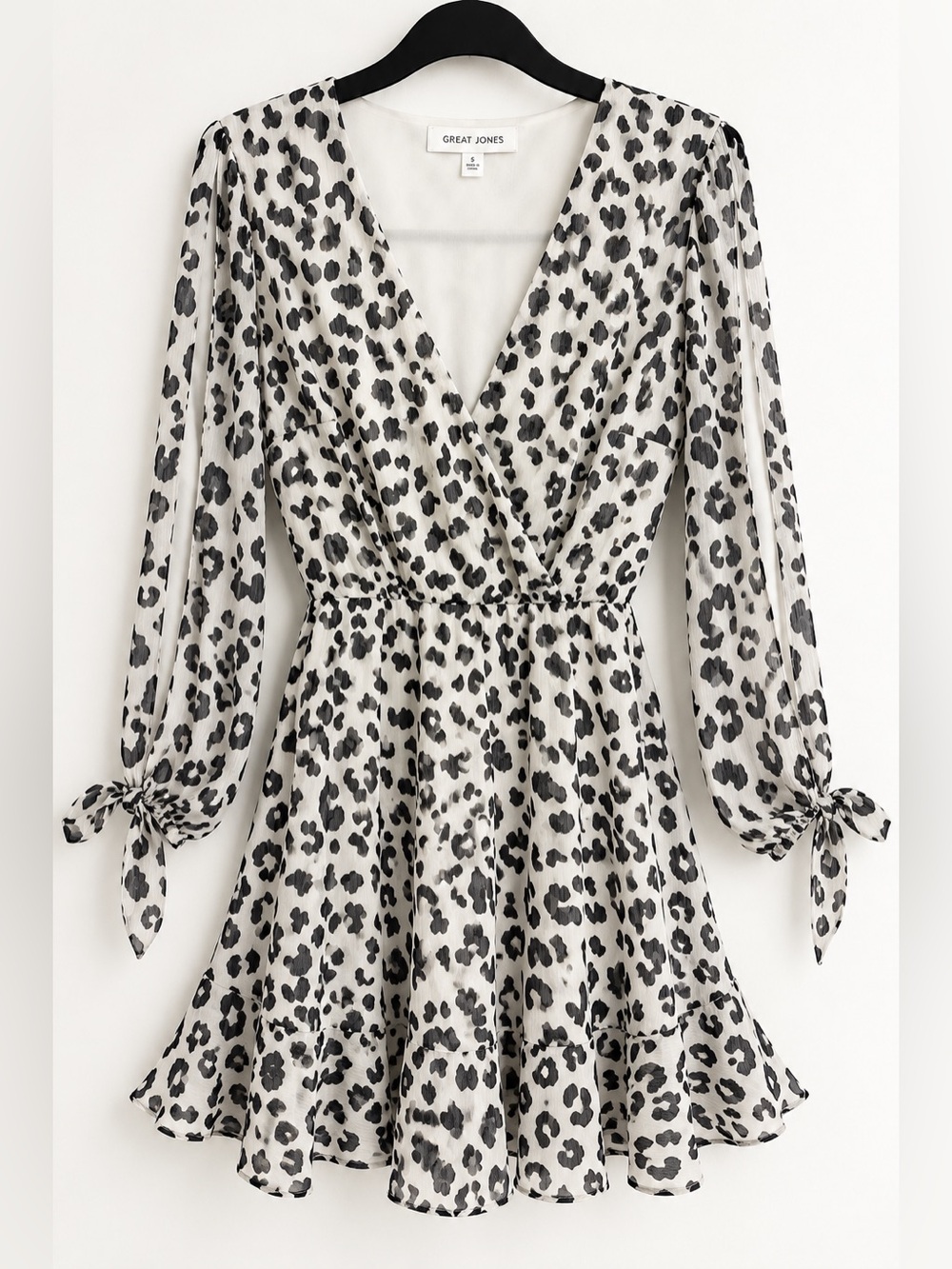 Great Jones Leopard Print Faux Wrap Ruffle Mini Dress Split Sleeve S